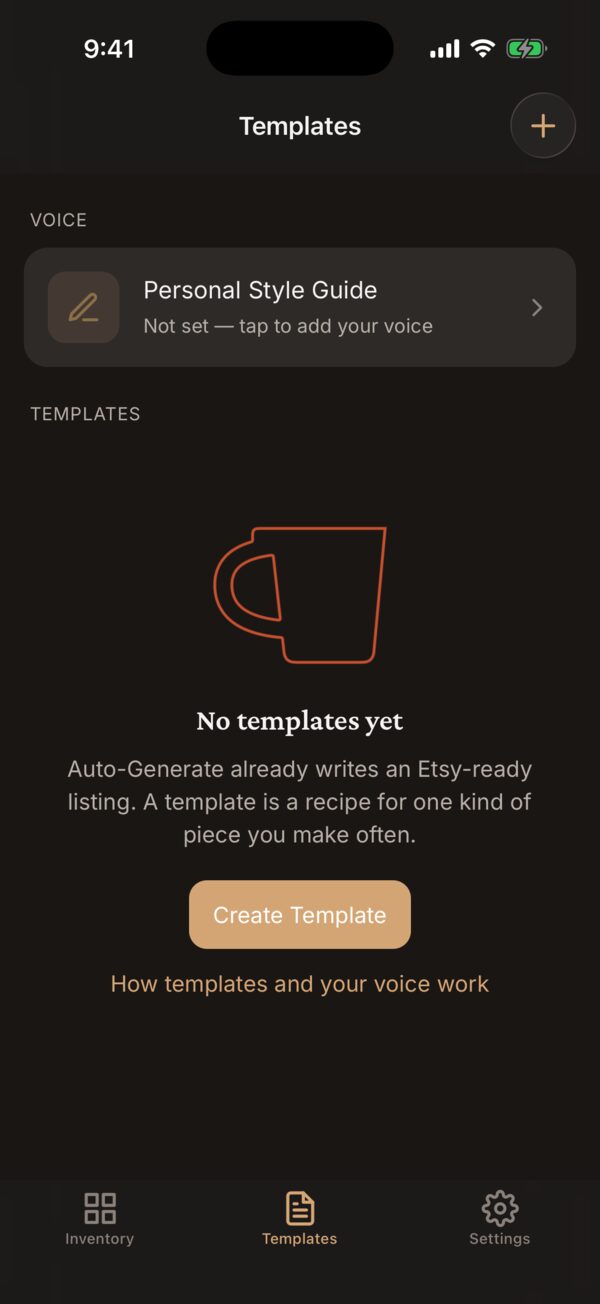 The Templates tab: the Personal Style Guide card under VOICE, and the empty templates list with a Create Template button