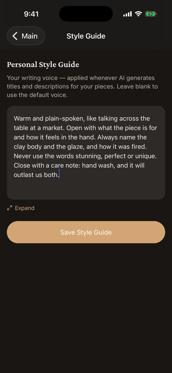 The Personal Style Guide editor with a few sentences describing a potter's voice