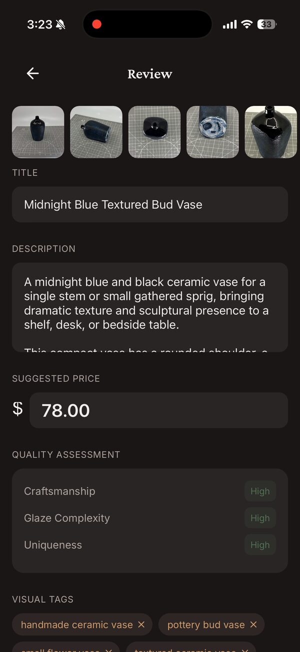 A generated listing on the phone: title, description, price and quality ratings for a midnight blue bud vase