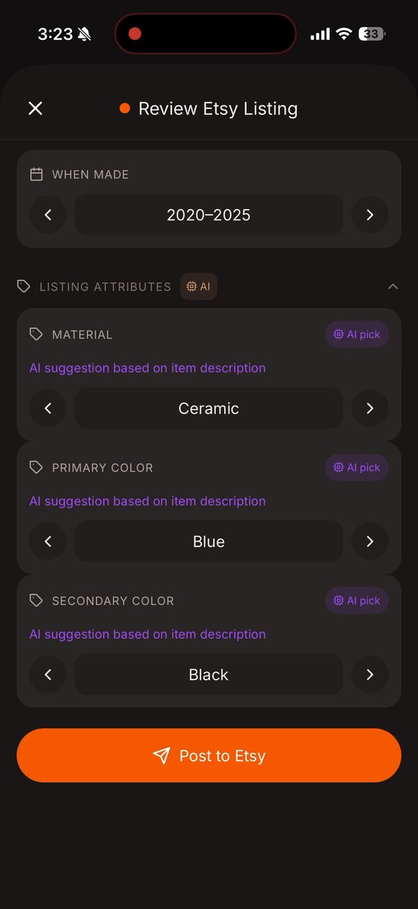 Etsy attributes filled in above a Post to Etsy button