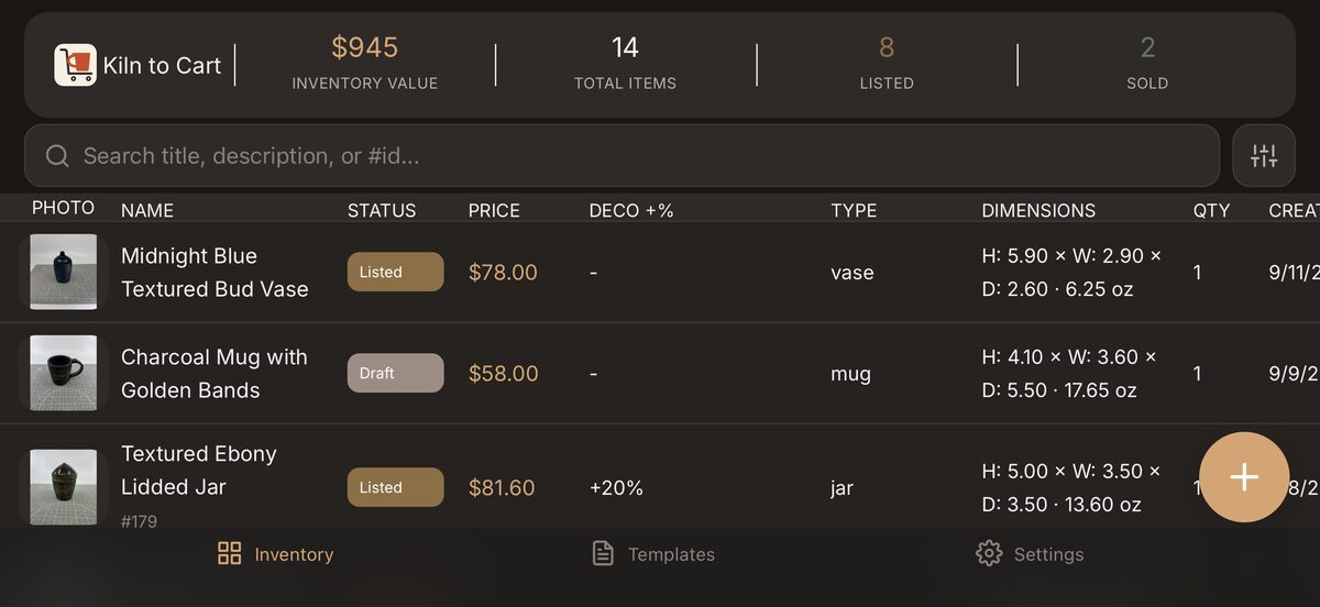 Sortable inventory table