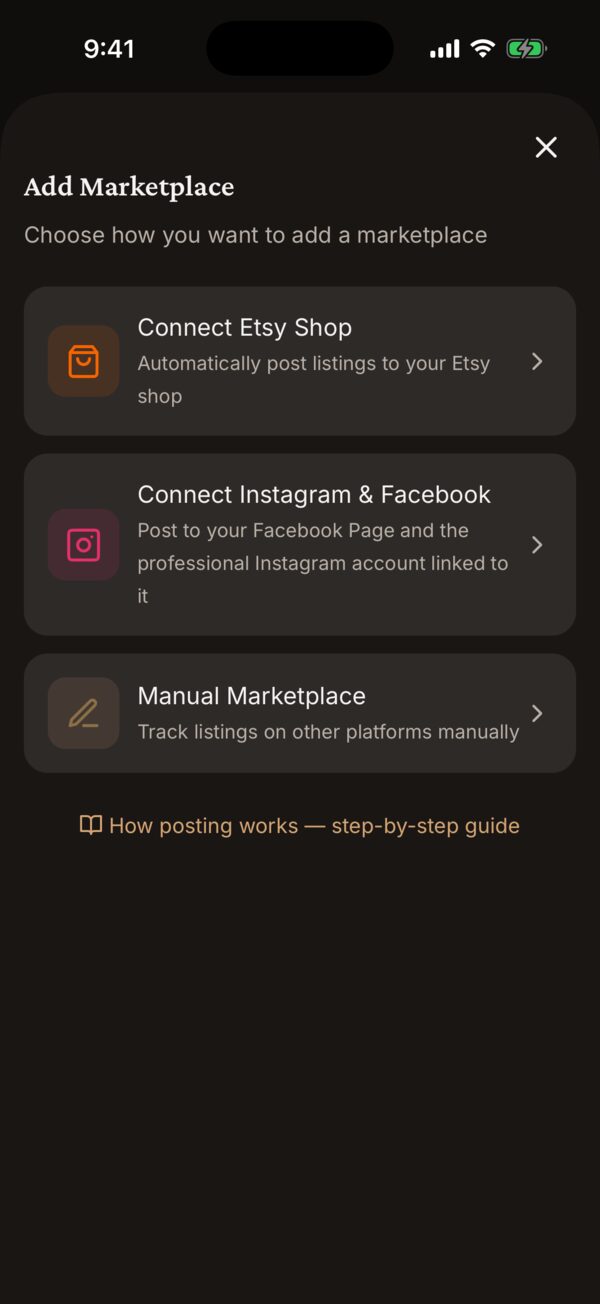 The Add Marketplace sheet with Connect Etsy Shop, Connect Instagram & Facebook and Manual Marketplace